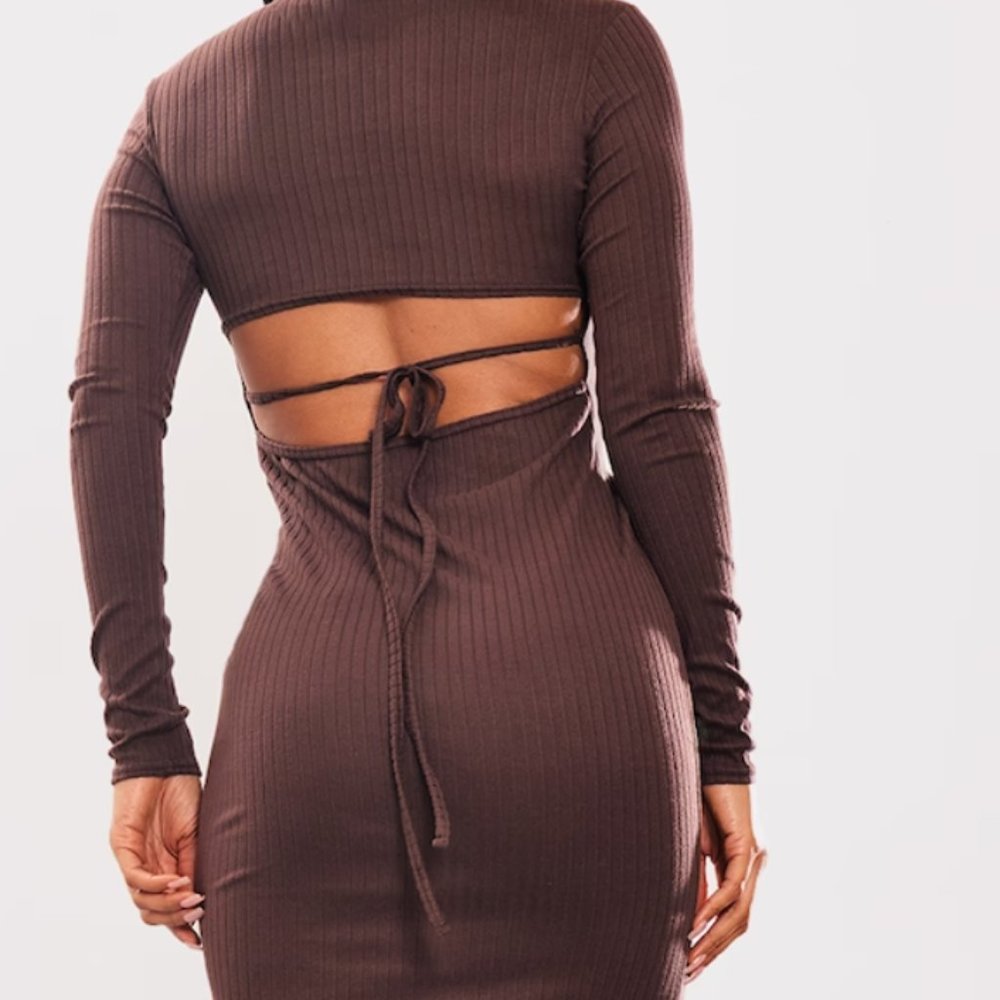 PRETTY LITTLE THING Chocolate High Neck Cut Out Tie Back Rib Midaxi Dress
